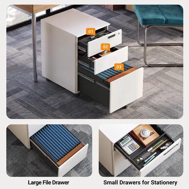Alt view image 6 of 7 - 3 Drawer File Cabinet with Combination Lock, Fully Assembled | Under Desk Metal Filing Cabinet with Wheels for Home Office, Fits Letter/Legal/A4 Size, White