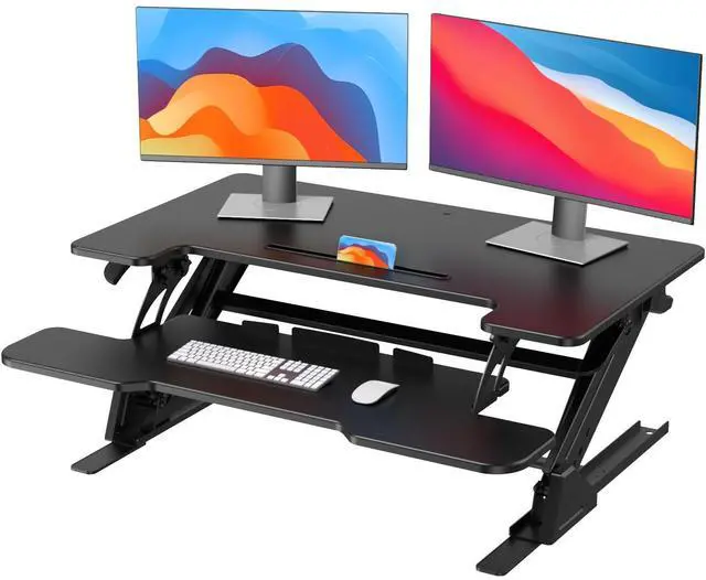 Main image of 36" Z-Shaped Standing Desk Converter with Wide Keyboard Tray, Black | Dual Monitor Fit, Height Adjustable Sit Stand Up Desk Riser, Dual Gas Lift, Stable Z-Steel Frame, Unpack, Install Tray & Use