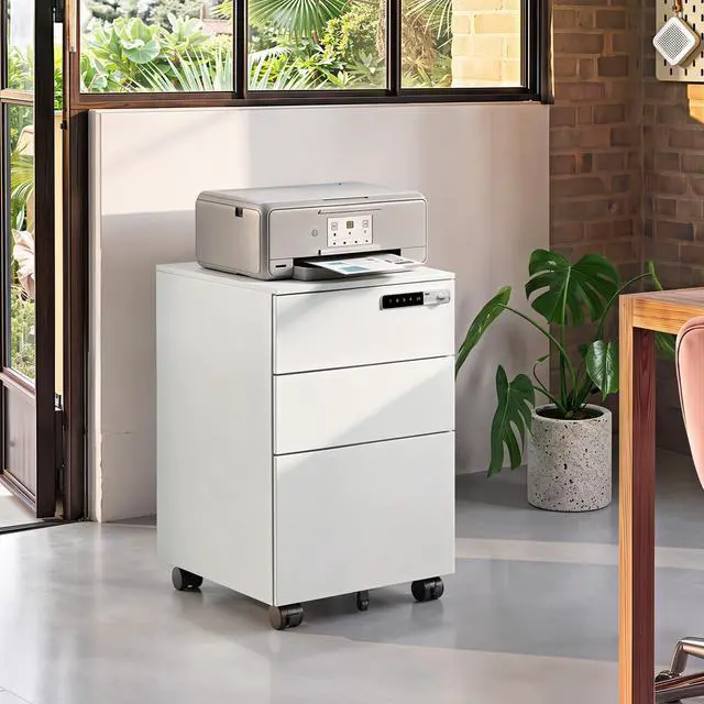 Alt view image 7 of 7 - 3 Drawer File Cabinet with Combination Lock, Fully Assembled | Under Desk Metal Filing Cabinet with Wheels for Home Office, Fits Letter/Legal/A4 Size, White