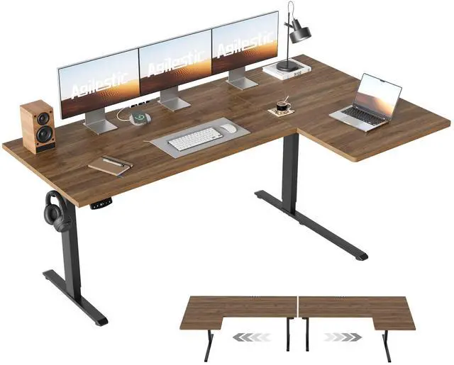 Main image of 63 * 35 Inch Reversible L Shaped Electric Standing Desk, Walnut | Reversible left-right installation, L-shape Workspace, Sturdy Steel Frame, Memory Presets, Hooks, 176 lbs, Easy Assembly