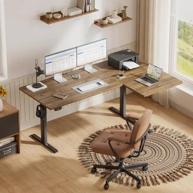 Alt view image 2 of 7 - 63 * 35 Inch Reversible L Shaped Electric Standing Desk, Walnut | Reversible left-right installation, L-shape Workspace, Sturdy Steel Frame, Memory Presets, Hooks, 176 lbs, Easy Assembly