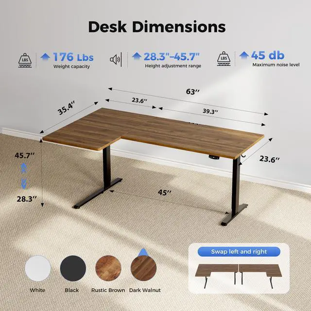 Alt view image 3 of 7 - 63 * 35 Inch Reversible L Shaped Electric Standing Desk, Walnut | Reversible left-right installation, L-shape Workspace, Sturdy Steel Frame, Memory Presets, Hooks, 176 lbs, Easy Assembly