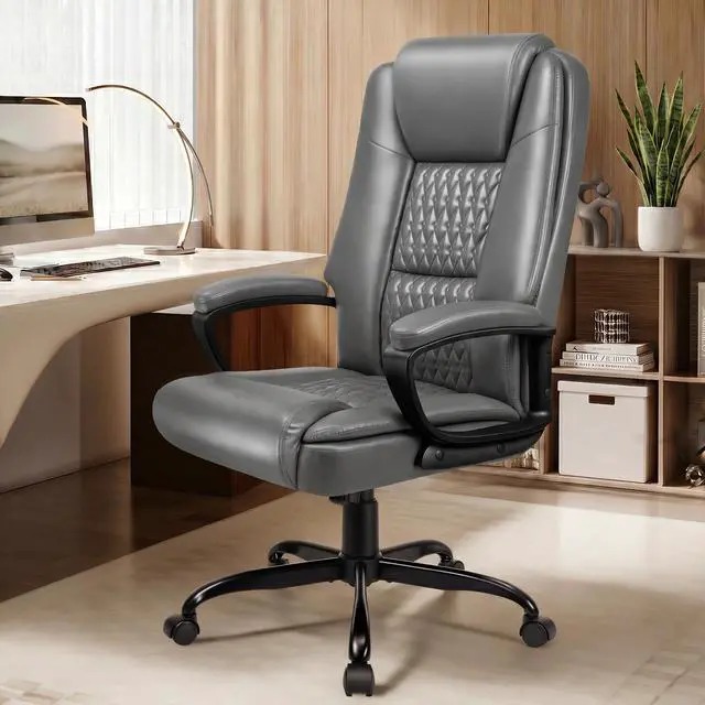 Alt view image 2 of 7 - Executive Office Chair, Ergonomic High Back Desk Chair with Lumbar Support, Adjustable Big and Tall Computer Chair, 360° Swivel, PU Leather, Grey