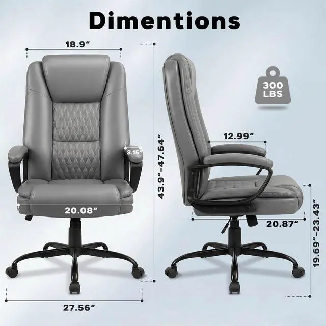 Alt view image 3 of 7 - Executive Office Chair, Ergonomic High Back Desk Chair with Lumbar Support, Adjustable Big and Tall Computer Chair, 360° Swivel, PU Leather, Grey