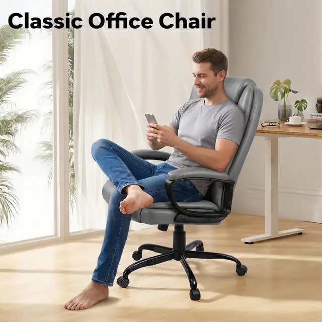 Alt view image 4 of 7 - Executive Office Chair, Ergonomic High Back Desk Chair with Lumbar Support, Adjustable Big and Tall Computer Chair, 360° Swivel, PU Leather, Grey