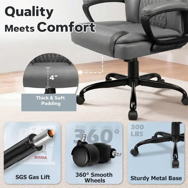 Alt view image 5 of 7 - Executive Office Chair, Ergonomic High Back Desk Chair with Lumbar Support, Adjustable Big and Tall Computer Chair, 360° Swivel, PU Leather, Grey