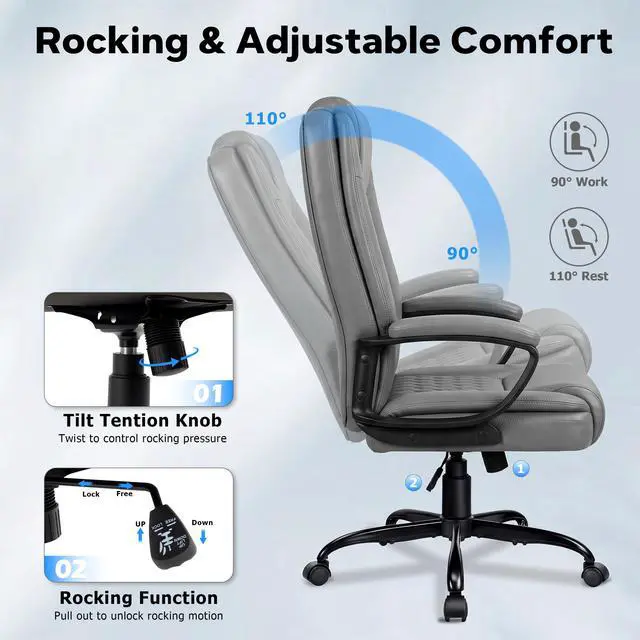 Alt view image 6 of 7 - Executive Office Chair, Ergonomic High Back Desk Chair with Lumbar Support, Adjustable Big and Tall Computer Chair, 360° Swivel, PU Leather, Grey