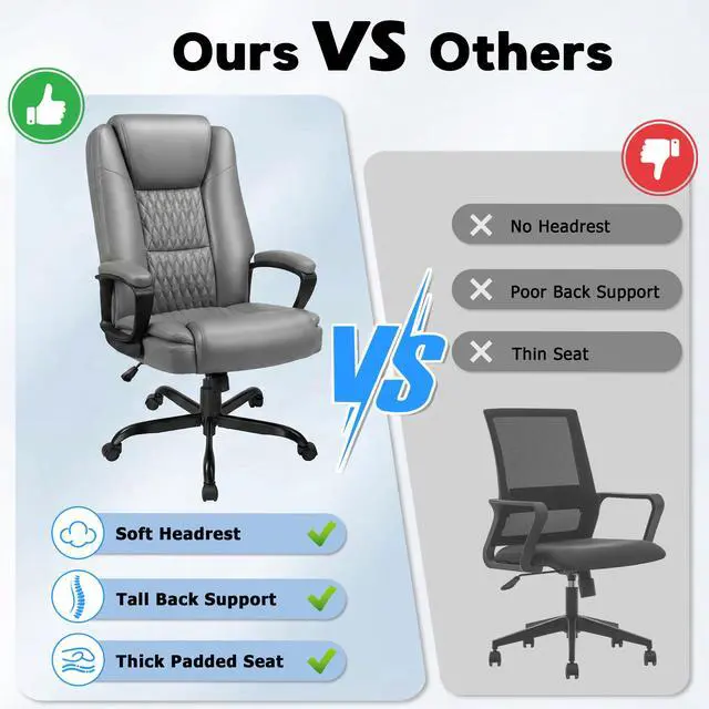 Alt view image 7 of 7 - Executive Office Chair, Ergonomic High Back Desk Chair with Lumbar Support, Adjustable Big and Tall Computer Chair, 360° Swivel, PU Leather, Grey