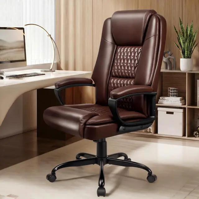 Alt view image 2 of 7 - Office Chair, High Back Ergonomic Home Office Desk Chairs with Lumbar Support, Adjustable Big and Tall Computer Chair, 360° Swivel, PU Leather, Brown
