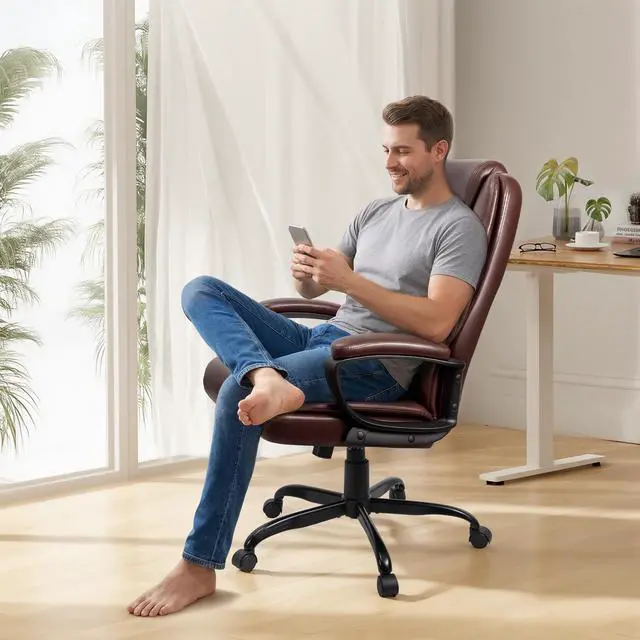 Alt view image 4 of 7 - Office Chair, High Back Ergonomic Home Office Desk Chairs with Lumbar Support, Adjustable Big and Tall Computer Chair, 360° Swivel, PU Leather, Brown