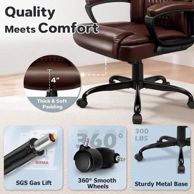 Alt view image 5 of 7 - Office Chair, High Back Ergonomic Home Office Desk Chairs with Lumbar Support, Adjustable Big and Tall Computer Chair, 360° Swivel, PU Leather, Brown