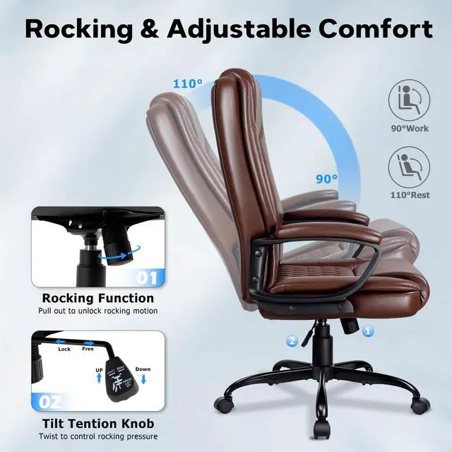 Alt view image 6 of 7 - Office Chair, High Back Ergonomic Home Office Desk Chairs with Lumbar Support, Adjustable Big and Tall Computer Chair, 360° Swivel, PU Leather, Brown