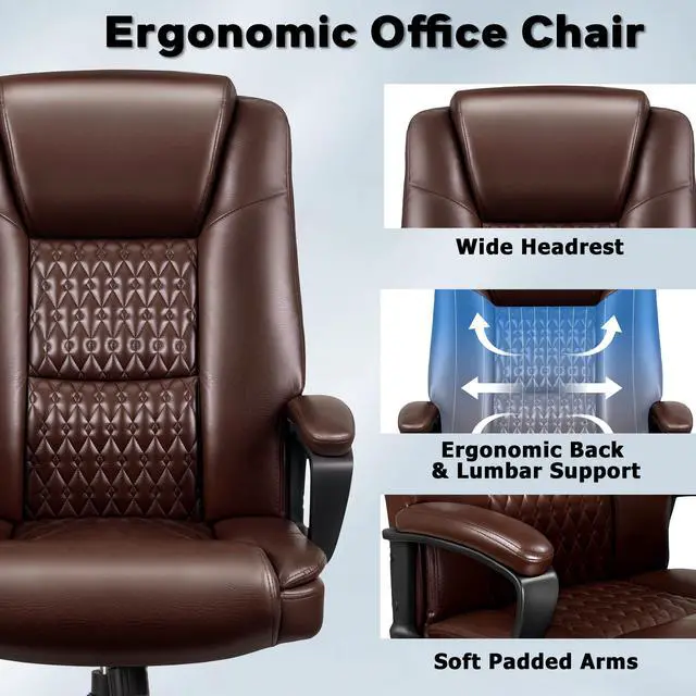 Alt view image 7 of 7 - Office Chair, High Back Ergonomic Home Office Desk Chairs with Lumbar Support, Adjustable Big and Tall Computer Chair, 360° Swivel, PU Leather, Brown