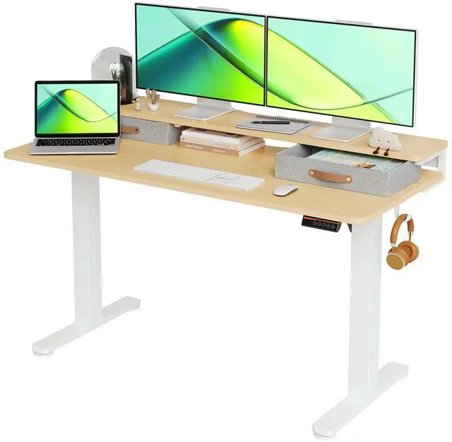 Main image of Electric Standing Desk with 2 Drawers, 55 Inch, Natural | 28.35-46.46in adjustable height, 3 memory presets, monitor shelf, cable management and hooks for home office