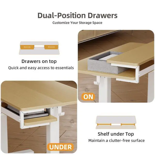 Alt view image 3 of 7 - Electric Standing Desk with 2 Drawers, 55 Inch, Natural | 28.35-46.46in adjustable height, 3 memory presets, monitor shelf, cable management and hooks for home office