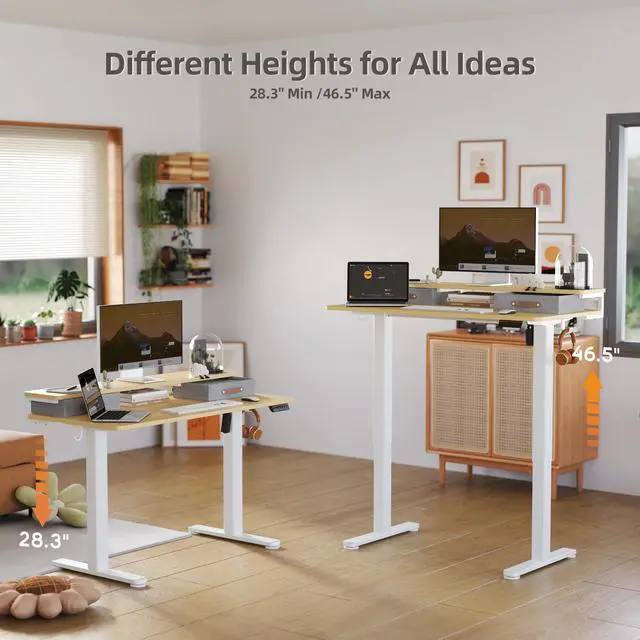 Alt view image 4 of 7 - Electric Standing Desk with 2 Drawers, 55 Inch, Natural | 28.35-46.46in adjustable height, 3 memory presets, monitor shelf, cable management and hooks for home office