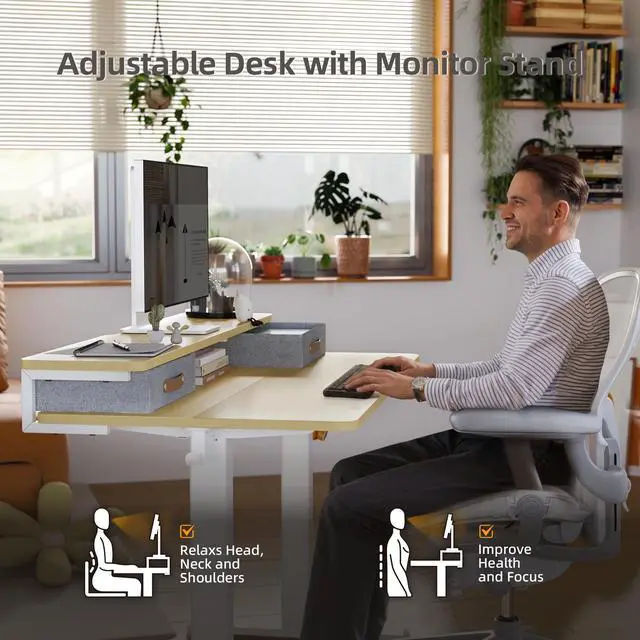 Alt view image 5 of 7 - Electric Standing Desk with 2 Drawers, 55 Inch, Natural | 28.35-46.46in adjustable height, 3 memory presets, monitor shelf, cable management and hooks for home office