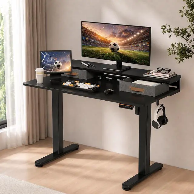 Main image of Electric Standing Desk with 2 Drawers, 48 Inch, Black | 28.35-46.46in adjustable height, 3 memory presets, monitor shelf, cable management and hooks for home office