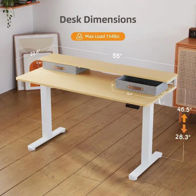 Alt view image 6 of 7 - Electric Standing Desk with 2 Drawers, 55 Inch, Natural | 28.35-46.46in adjustable height, 3 memory presets, monitor shelf, cable management and hooks for home office