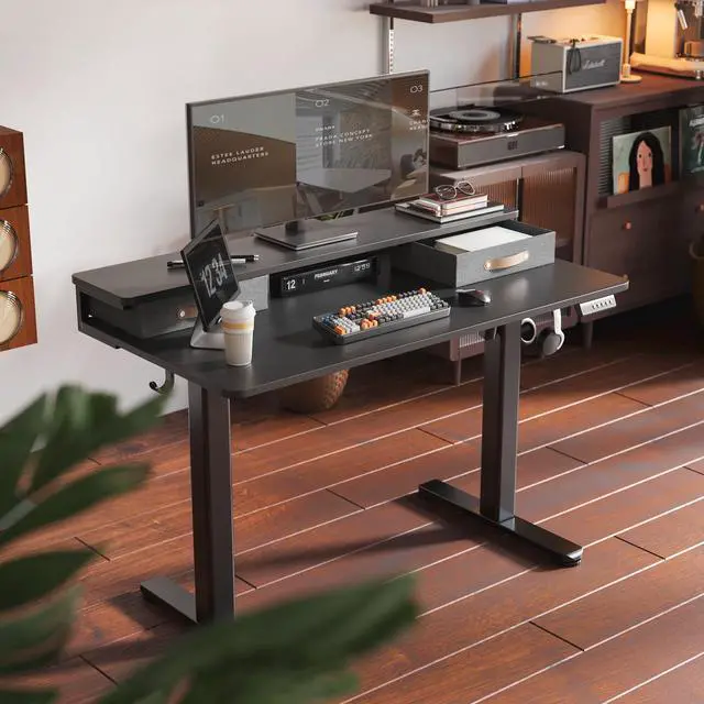 Alt view image 3 of 7 - Electric Standing Desk with 2 Drawers, 48 Inch, Black | 28.35-46.46in adjustable height, 3 memory presets, monitor shelf, cable management and hooks for home office