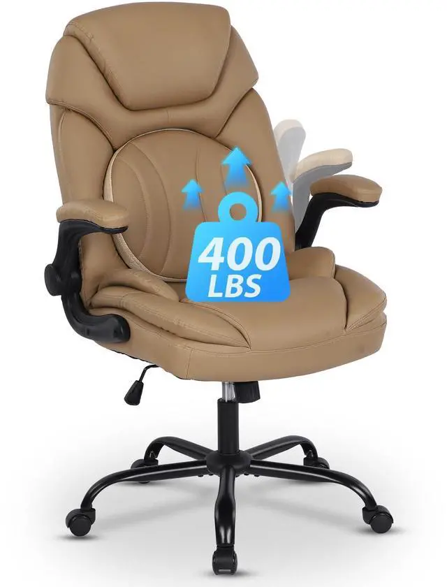 Main image of Comfy Office Chair Criss Cross Cute Desk Chair for Women, Khaki | Adjustable Lumbar Support, Flip-up Arms, Faux Leather, Plus Size, Wheels