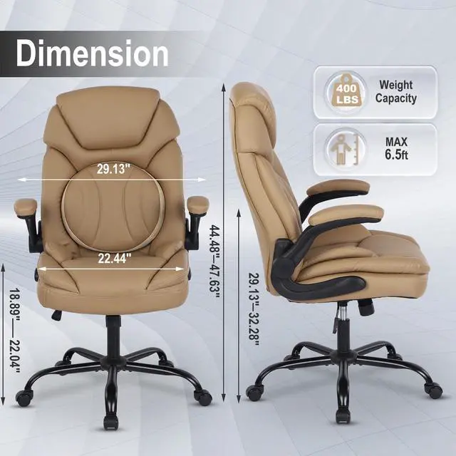 Alt view image 2 of 7 - Comfy Office Chair Criss Cross Cute Desk Chair for Women, Khaki | Adjustable Lumbar Support, Flip-up Arms, Faux Leather, Plus Size, Wheels