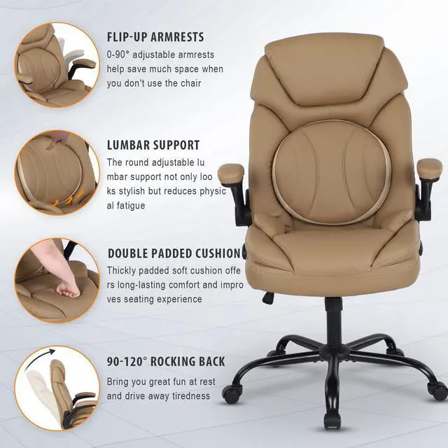Alt view image 5 of 7 - Comfy Office Chair Criss Cross Cute Desk Chair for Women, Khaki | Adjustable Lumbar Support, Flip-up Arms, Faux Leather, Plus Size, Wheels
