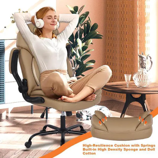 Alt view image 6 of 7 - Comfy Office Chair Criss Cross Cute Desk Chair for Women, Khaki | Adjustable Lumbar Support, Flip-up Arms, Faux Leather, Plus Size, Wheels