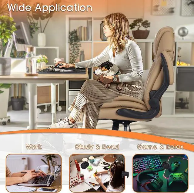 Alt view image 7 of 7 - Comfy Office Chair Criss Cross Cute Desk Chair for Women, Khaki | Adjustable Lumbar Support, Flip-up Arms, Faux Leather, Plus Size, Wheels