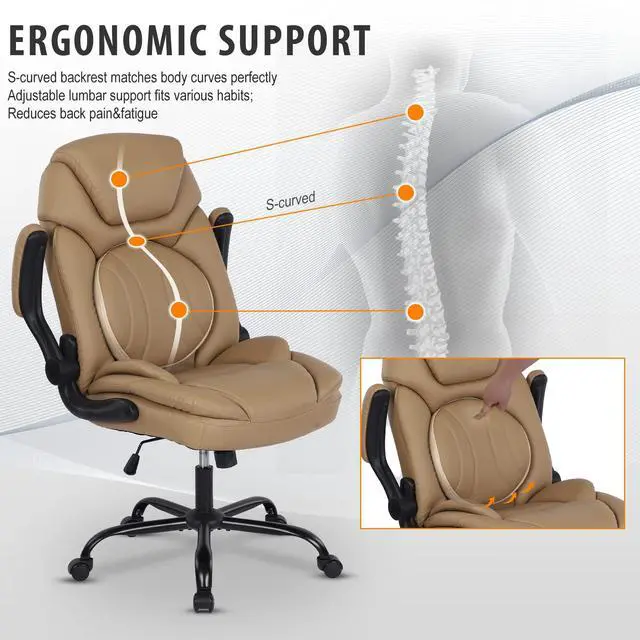 Alt view image 4 of 7 - Comfy Office Chair Criss Cross Cute Desk Chair for Women, Khaki | Adjustable Lumbar Support, Flip-up Arms, Faux Leather, Plus Size, Wheels