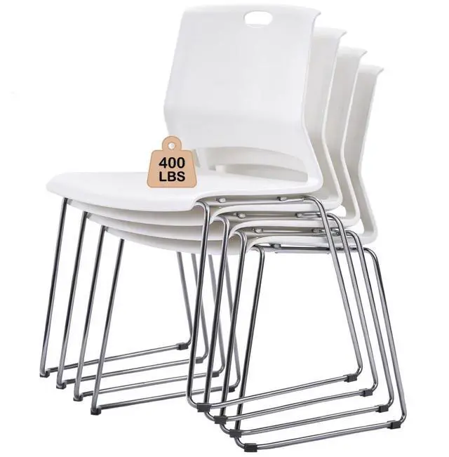 Main image of Stackable Chairs Set of 4 for Break Waiting Room Conference Church, White | stacking breakroom dining room kitchen reception metal party chairs set of 4 indoor odern Metal Sled Base Wide Plastic Seat