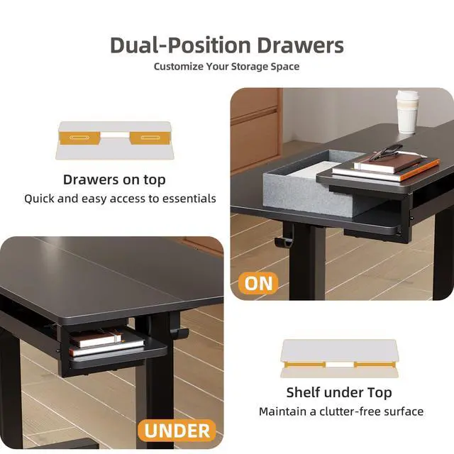 Alt view image 5 of 7 - Electric Standing Desk with 2 Drawers, 48 Inch, Black | 28.35-46.46in adjustable height, 3 memory presets, monitor shelf, cable management and hooks for home office