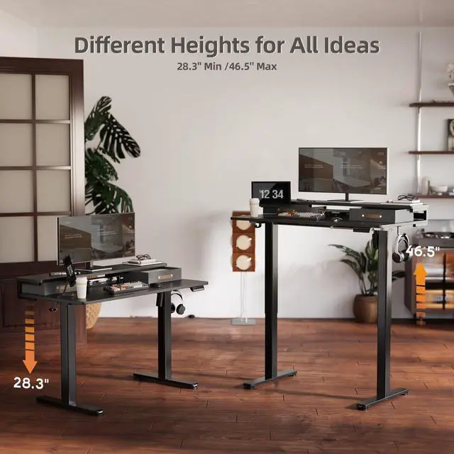 Alt view image 6 of 7 - Electric Standing Desk with 2 Drawers, 48 Inch, Black | 28.35-46.46in adjustable height, 3 memory presets, monitor shelf, cable management and hooks for home office