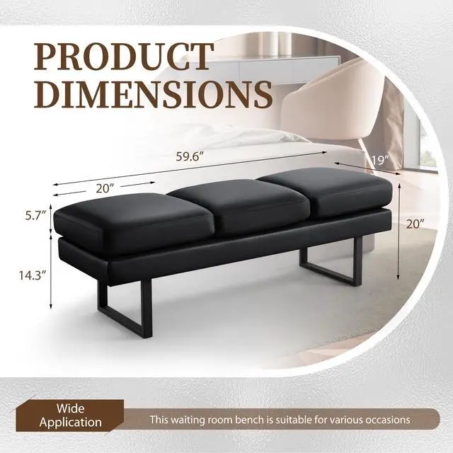 Alt view image 3 of 7 - Waiting Room Bench with 3 Seats,Faux Leather Reception Bench Upholstered Office Guest Chair Seating,Waiting Room Chair for Salon,Conference Room and Shop (Black)