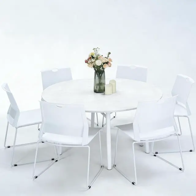 Alt view image 5 of 7 - Stackable Chairs Set of 4 for Break Waiting Room Conference Church, White | stacking breakroom dining room kitchen reception metal party chairs set of 4 indoor odern Metal Sled Base Wide Plastic Seat