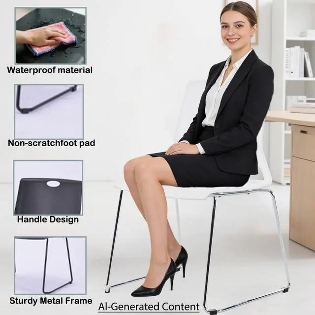 Alt view image 6 of 7 - Stackable Chairs Set of 4 for Break Waiting Room Conference Church, White | stacking breakroom dining room kitchen reception metal party chairs set of 4 indoor odern Metal Sled Base Wide Plastic Seat