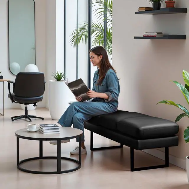 Alt view image 2 of 7 - Waiting Room Bench with 3 Seats,Faux Leather Reception Bench Upholstered Office Guest Chair Seating,Waiting Room Chair for Salon,Conference Room and Shop (Black)