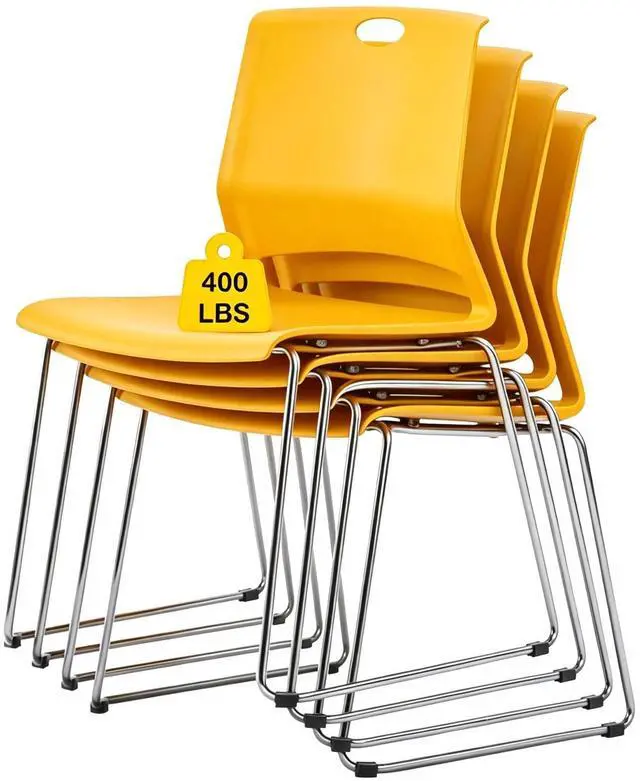 Main image of Stackable Chairs Set of 4 for Break Waiting Room Conference Church, Yellow | stacking breakroom dining room kitchen reception metal party chairs set of 4 indoor odern Metal Sled Base Wide Plastic Seat