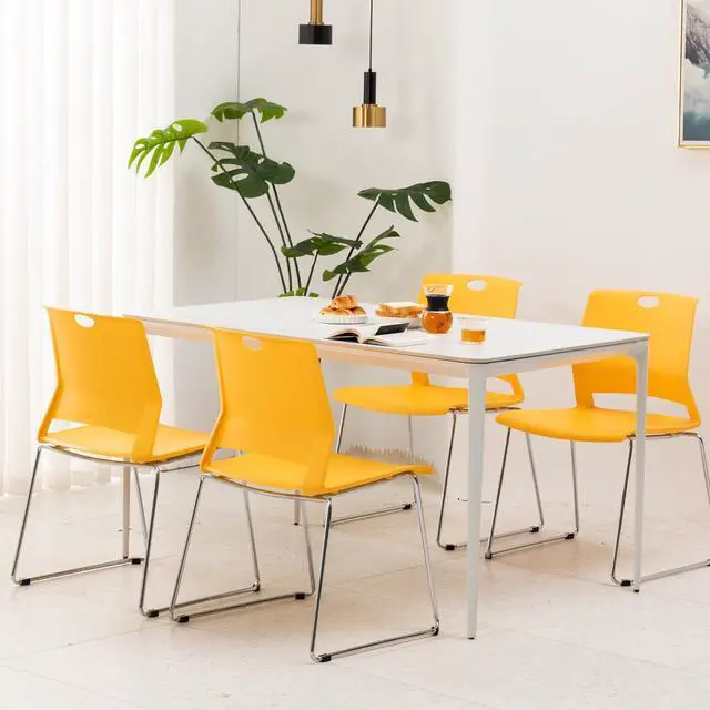 Alt view image 2 of 5 - Stackable Chairs Set of 4 for Break Waiting Room Conference Church, Yellow | stacking breakroom dining room kitchen reception metal party chairs set of 4 indoor odern Metal Sled Base Wide Plastic Seat