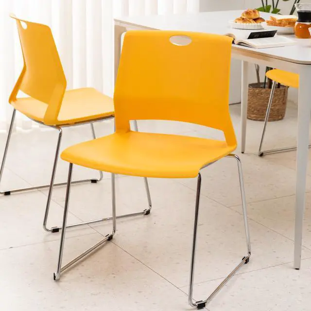 Alt view image 4 of 5 - Stackable Chairs Set of 4 for Break Waiting Room Conference Church, Yellow | stacking breakroom dining room kitchen reception metal party chairs set of 4 indoor odern Metal Sled Base Wide Plastic Seat