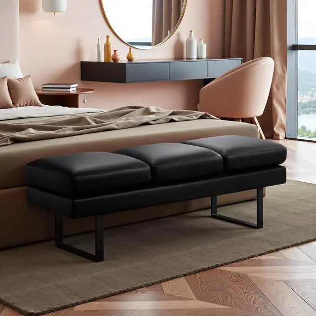 Alt view image 7 of 7 - Waiting Room Bench with 3 Seats,Faux Leather Reception Bench Upholstered Office Guest Chair Seating,Waiting Room Chair for Salon,Conference Room and Shop (Black)