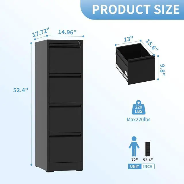 Alt view image 3 of 6 - 4 Drawer File Cabinet with Lock, Metal Filing Cabinets for Home Office, 18" Deep Vertical Storage Drawer for Hanging A4/Letter/Legal Size Files, Assembly Require