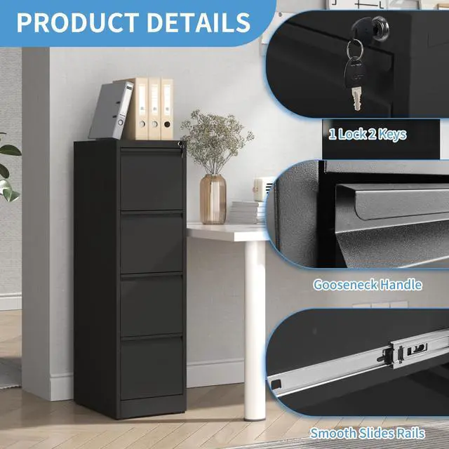 Alt view image 5 of 6 - 4 Drawer File Cabinet with Lock, Metal Filing Cabinets for Home Office, 18" Deep Vertical Storage Drawer for Hanging A4/Letter/Legal Size Files, Assembly Require