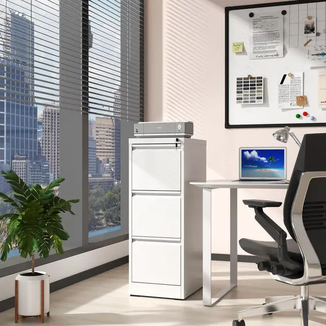 Alt view image 2 of 6 - 3 Drawer File Cabinet with Lock, White Metal Filing Cabinets for Home Office, 18" Deep Vertical Storage File Cabinets for Hanging A4/Letter/Legal Size Files, Assembly Require