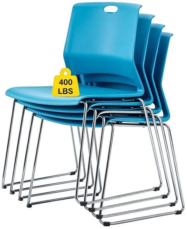 Main image of Stackable Chairs Set of 4 for Break Waiting Room Conference Church, Blue | stacking breakroom dining room kitchen reception metal party chairs set of 4 indoor odern Metal Sled Base Wide Plastic Seat