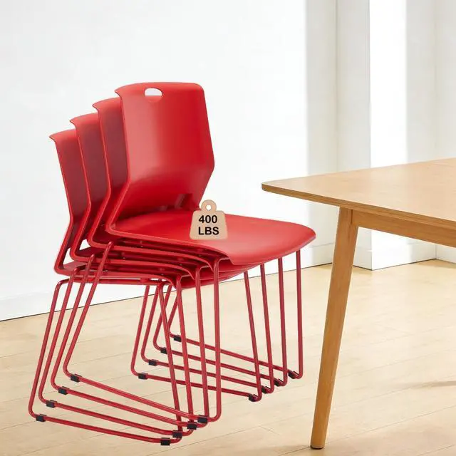 Main image of Red Stackable Chairs Set of 4 for Break Conference Room Church Banquet | stacking breakroom dining room kitchen reception metal party chairs set of 4 indoor odern Metal Sled Base Wide Plastic Seat
