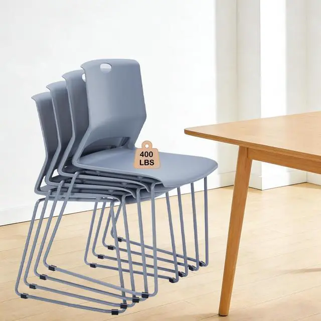 Main image of Grey Stackable Chairs Set of 4 for Break Conference Room Church Lobby | stacking breakroom dining room kitchen reception metal party chairs set of 4 indoor odern Metal Sled Base Wide Plastic Seat