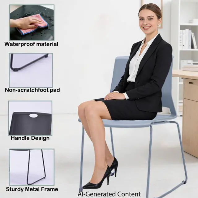 Alt view image 5 of 7 - Grey Stackable Chairs Set of 4 for Break Conference Room Church Lobby | stacking breakroom dining room kitchen reception metal party chairs set of 4 indoor odern Metal Sled Base Wide Plastic Seat