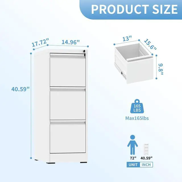 Alt view image 3 of 6 - 3 Drawer File Cabinet with Lock, White Metal Filing Cabinets for Home Office, 18" Deep Vertical Storage File Cabinets for Hanging A4/Letter/Legal Size Files, Assembly Require