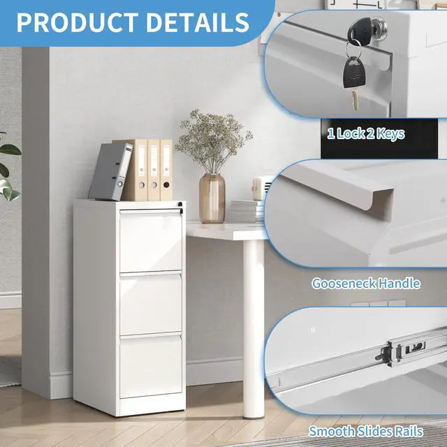 Alt view image 5 of 6 - 3 Drawer File Cabinet with Lock, White Metal Filing Cabinets for Home Office, 18" Deep Vertical Storage File Cabinets for Hanging A4/Letter/Legal Size Files, Assembly Require